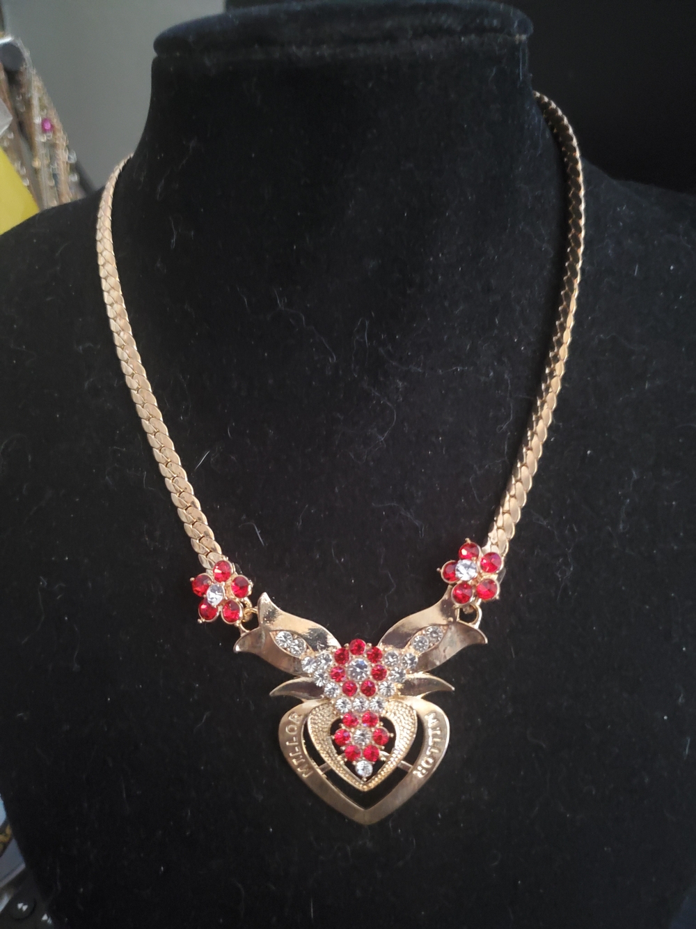 Gold-Tone Necklace with Red Crystal Floral Heart Pendant - Women Jewelry